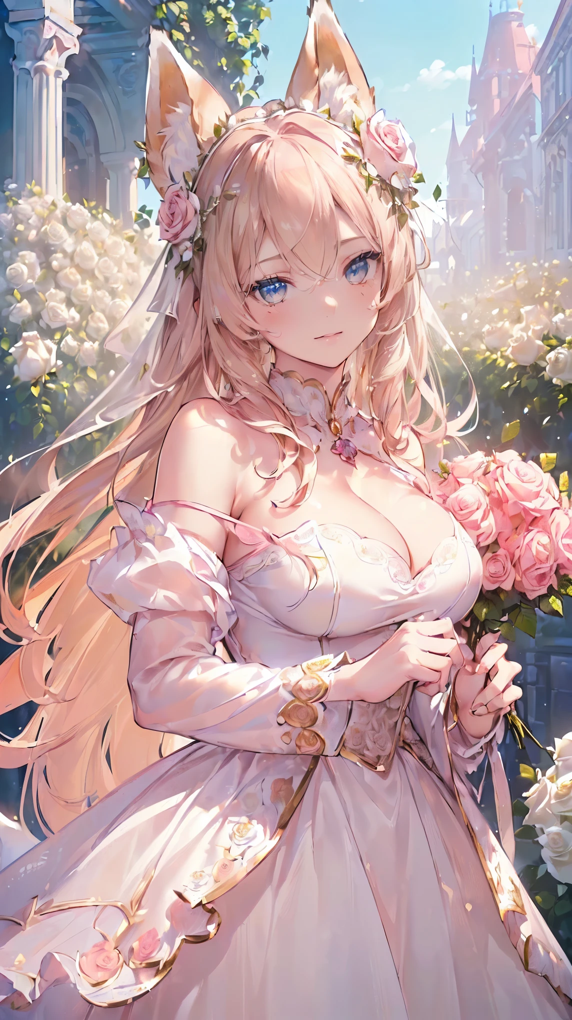 (((Masterpiece))), (((Highest quality))), ((Ultra-detailed)), ((Super fine illustration)), ((Ultra-fine painting)), ((16K highest quality wallpaper:1.4), (Upper body:1.6), Highly detailed and delicate illustration style:1.8, Detailed skin texture, Detailed cloth texture, Detailed rose flower texture, Extreme detailed description, (Highly detailed face:1.4), (Highly beautiful and detailed fox ears:1.2), (Highly beautiful anddetailed golden-brown long-hair:1.2), (Highly beautiful and detailed blue eyes:1.2), Original, Raw photo, Professional, Intricate details, Super details, Perfect anatomy:1.4, Highly detailed hands, Highly detailed fingers, Highly detailed fingertips, (27-years-old:1.4), Real, (Solo:1.6), (A very beautiful and attractive (fox) female fashion model:1.4)) BRAKE ((Beautiful and adorable fox ears:1.6), (Highly detailed and delicate fox ears:1.2), (Beautiful and well-shaped big breasts:1.2), Beautiful and well-shaped buttocks, (Beautiful and shiny golden-brown long-hair:1.6), (Highly detailed and delicate golden-brown long-hair:1.2), (Beautiful and Clear blue eyes:1.6), (Highly detailed and delicate blue eyes:1.2), (Highly detailed face:1.4), (Smile:1.4), (Looking at viewer:1.4), (Standing:1.4), (Celebration:1.4)) BRAKE ((A beautiful and gorgeous Cleavage Off-the-shoulder-princess-dress that is detailed and delicate to be worn at celebratory occasions:1.4)) BRAKE ((Holding in both hands a large bouquet of highly detailed and delicate ((white and pink roses)):1.4)) BRAKE ((Just after noon:1.4), (Celebration:1.4), ((Highly detailed and delicate white rose flower and pink rose flower garden background:1.4)), (Highly detailed and delicate royal palace courtyard background in just after noon in spring:1.4)) BRAKE