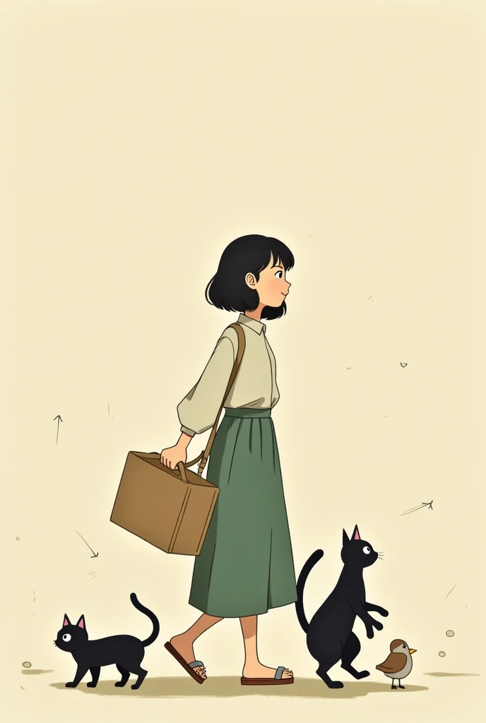 Animated scene of a woman with a cat and a bird, Scrape delivery service, Kiki's Delivery Service, Ghibli anime style, by Miyazaki, Ghibli anime style style, Miyazaki anime films, Miyazaki Movies, Studio Ghibli Anime, studio ghibli and shinkai makoto, Miyazaki Movies, Studio Ghibli Animeーション, Ghibli anime movie simple background, Simple eyes、The cat is black、Faint Lines、Black Hair, Bob、Ghibli-style colors,