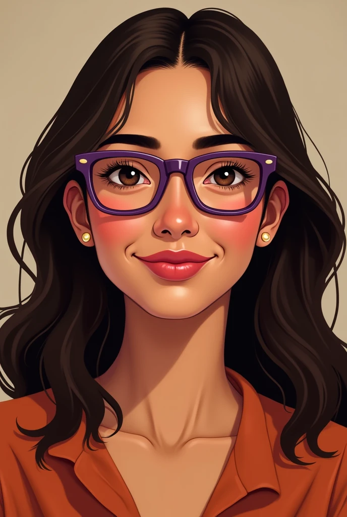 indigenous woman, medium black hair, lowrise, a little fat, dark brown eyes purple rectangular glasses, smiling lightly, a little chubby, without bangs, little red mouth