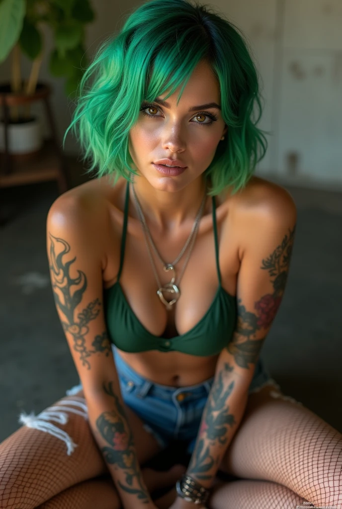 Realistic young green hair teen sexy outfit tattoos smirk