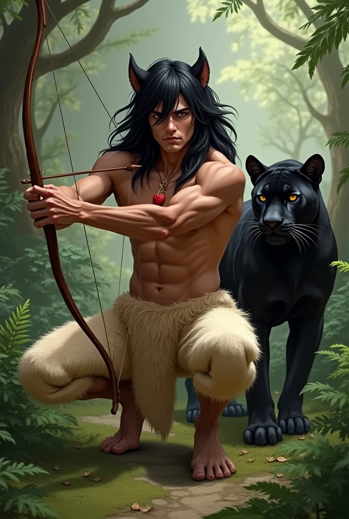 Handsome young man with tanned skin, very masculine features, with black hair down to the ground. He is shirtless. He has a human head., arms and torso, and legs like a faun with hooves, and completely covered with beige fur, in beige fur pants. Shoes cloven hooves.He has a red heart pendant on his chest.. There are panther ears on the head. It is very beautiful. He squats in a thicket of ferns and shoots a bow.. Next to him is a kind black panther.