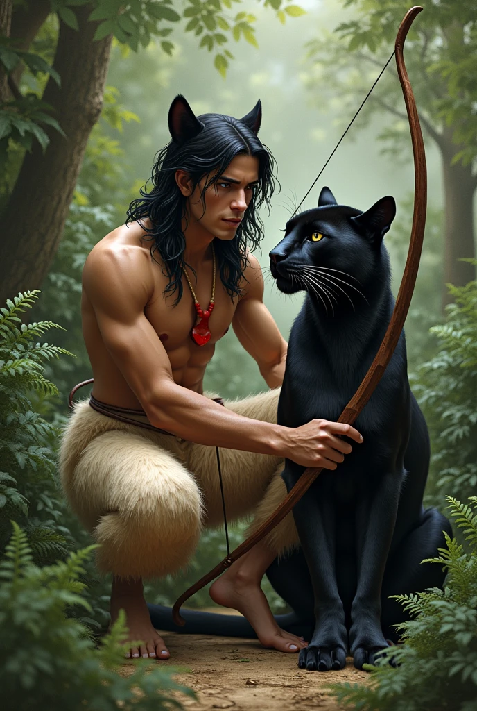 Handsome young man with tanned skin, very masculine facial features, with black hair down to the ground. He is shirtless. He has a human head., arms and torso, and legs like a faun with hooves, and completely covered with beige fur, in beige fur pants. Shoes cloven hooves.He has a red heart pendant on his chest.. There are panther ears on the head. It is very beautiful. He squats in a thicket of ferns and shoots a bow.. Next to him is a kind black panther.