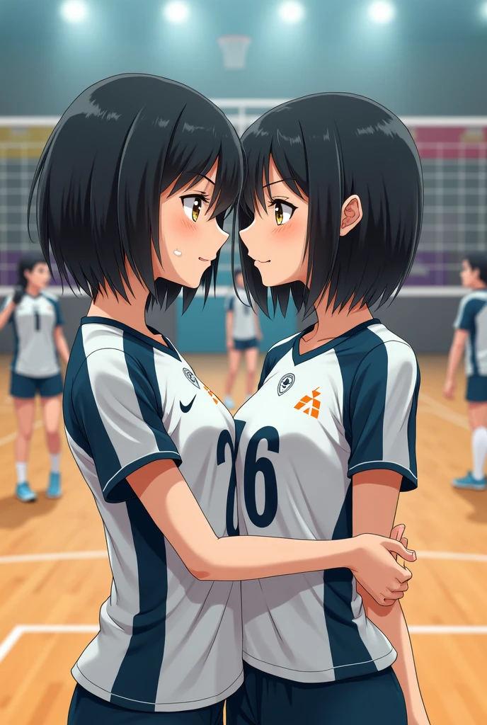 Make a brunette girl with shoulder-length black hair and light brown eyes and she is thin but not too thin and she is Tsukishima Kei's girlfriend and she is from Karasuno and they are in the Karasuno gym haikyu