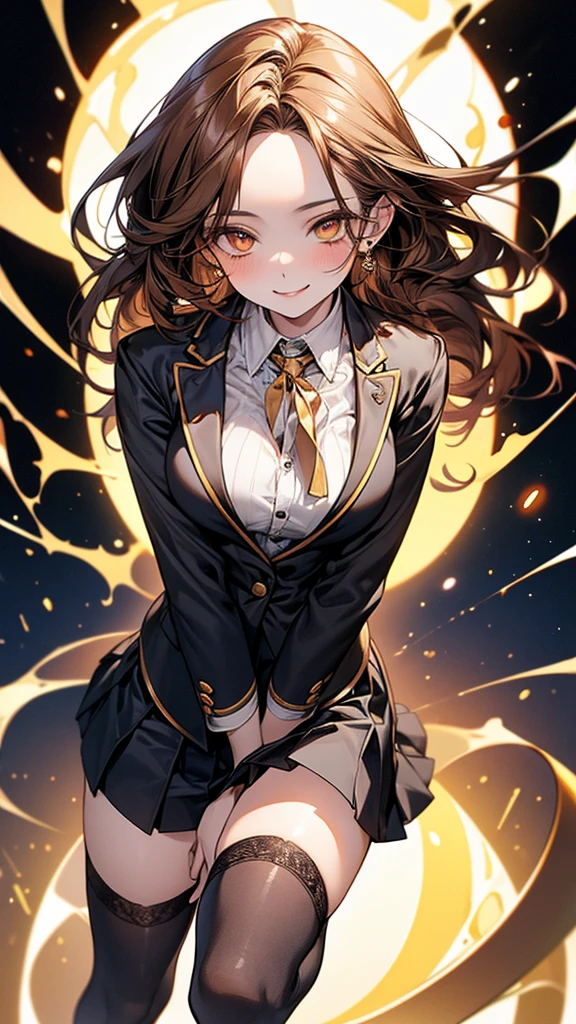 4K resolution,((Highest quality)),Ultra-high resolution,young woman, alone, sexy, (Mischievous smile), (Pale golden eyes), Beautiful and symmetrical face, (Brown medium hair),Blazer uniform,Dress shirt,Pleated mini skirt,Knee-high socks,Realistic:1.4,Realistic:1.4,(masterpiece:1.2),Perfect Eyes,Perfect Eyes,Ample breasts,Perfect Legs,put your mouth on your hand,Open your legs a little