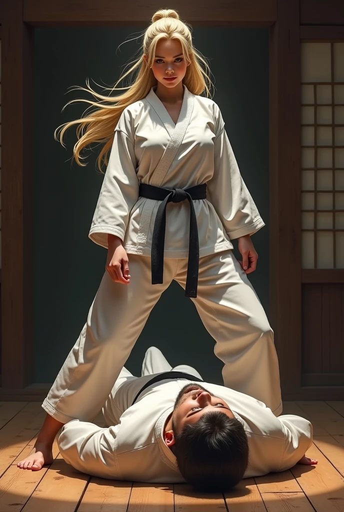 A blonde pony tail karate woman standing on a MAN lying at floor in a dojo. The woman is in victory pose with her foot on the man's chest.