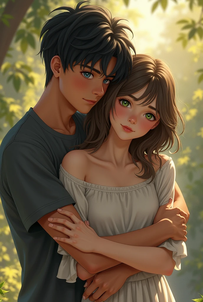 A handsome black-haired, blue-eyed boy hugging a green-eyed girl from behind, realistic art 