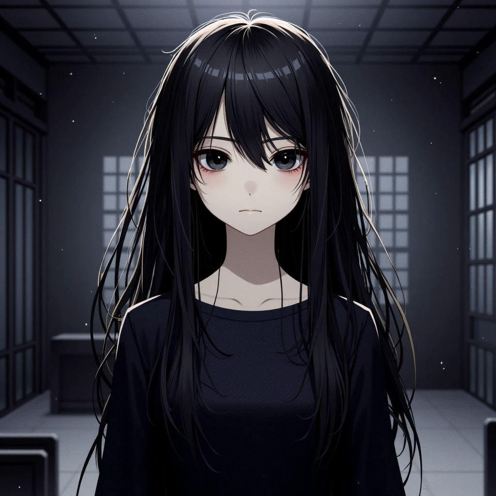 2 anime young girl, slightly messy long hair, looks sick, has pale skin and dark circles under her eyes, thin and , wears black clothes that look like pajamas, is Korean, has big, black, deep eyes, is inspired by the character L from Death note