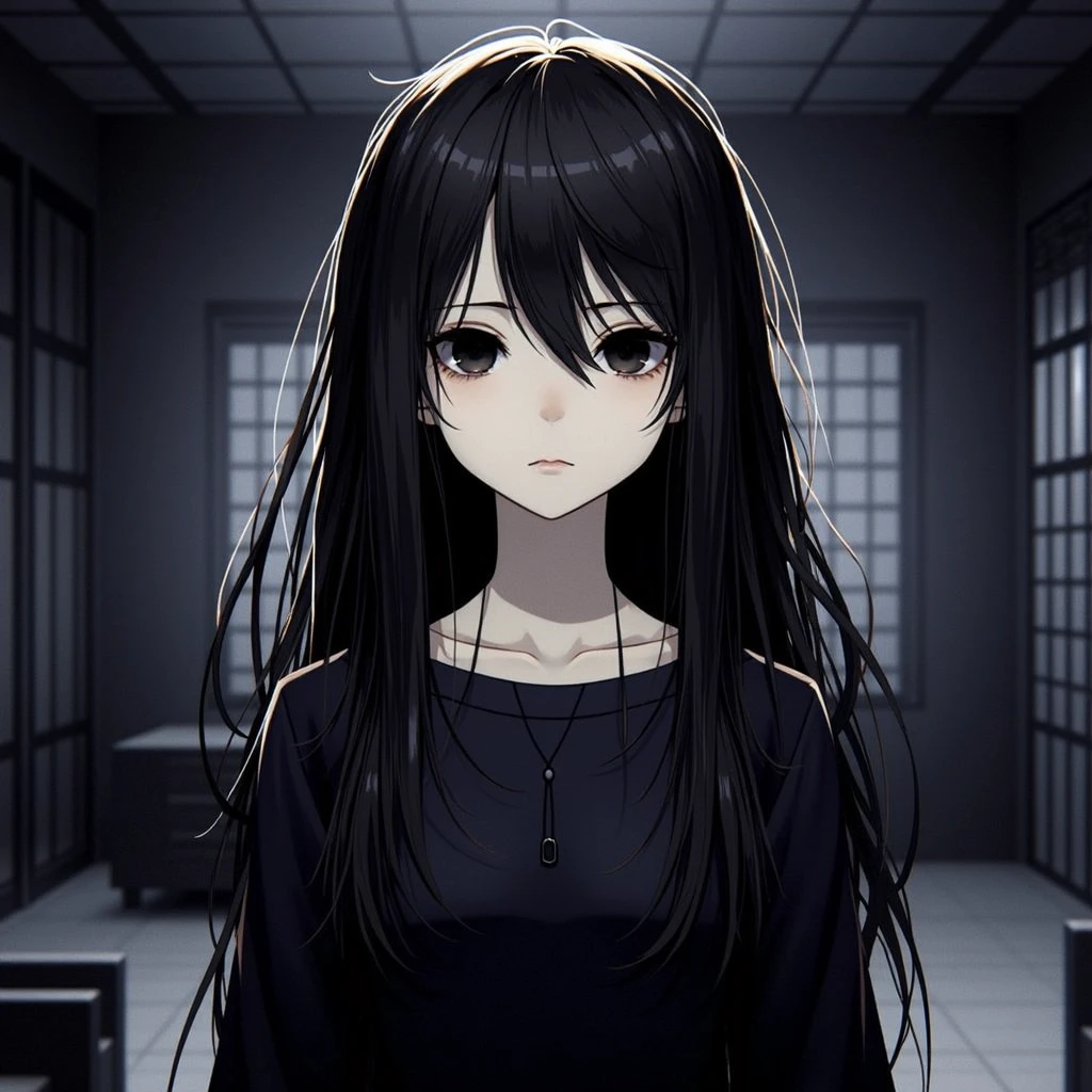 2 anime young girl, slightly messy long hair, looks sick, has pale skin and dark circles under her eyes, thin and , wears black clothes that look like pajamas, is Korean, has big, black, deep eyes, is inspired by the character L from Death note 