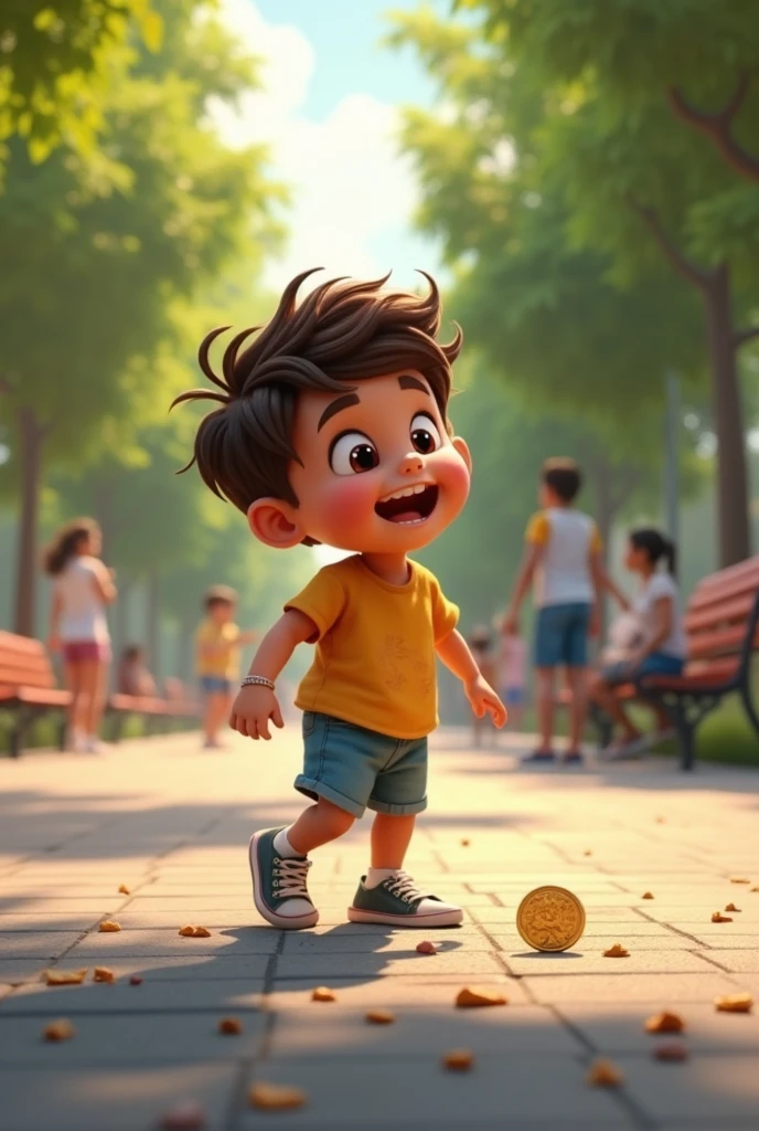 Image of an excited  on the street outside a park picking up a coin