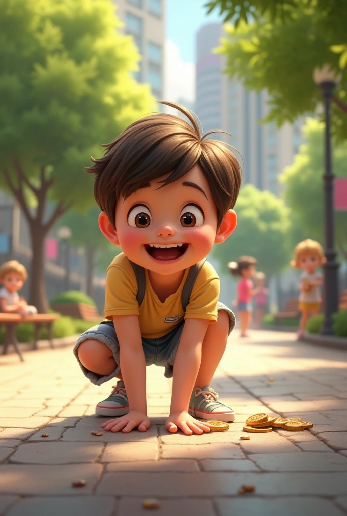 Image of an excited child on the street outside a park picking up a coin