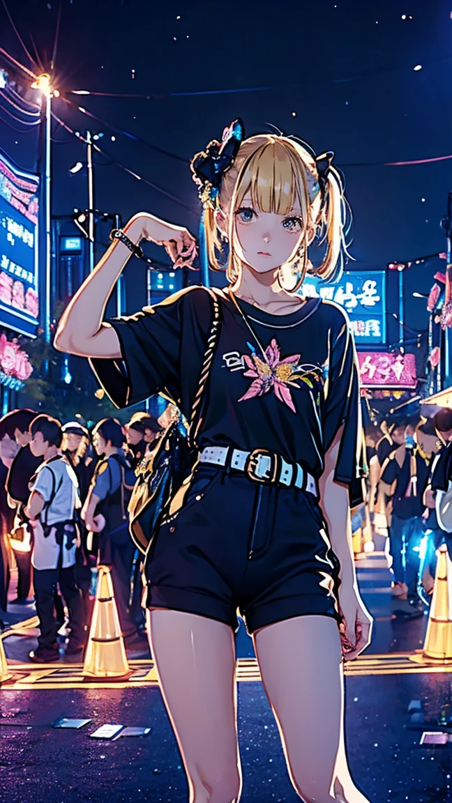 ((masterpiece)),(((Highest quality))),Comiket scenery、Big Sight、International Exhibition Hall、Thin thighs,Long legs,whole body:1.5，(:1.3),(もっと美しいsummerのラフな格好：1.3),(Wearing light casual clothes:1.2),Short Blonde:1.2、Idol Pose，summer、flowerpunk、Idol Group、Sparkle Effect、Light effect particles、Vivid gradients