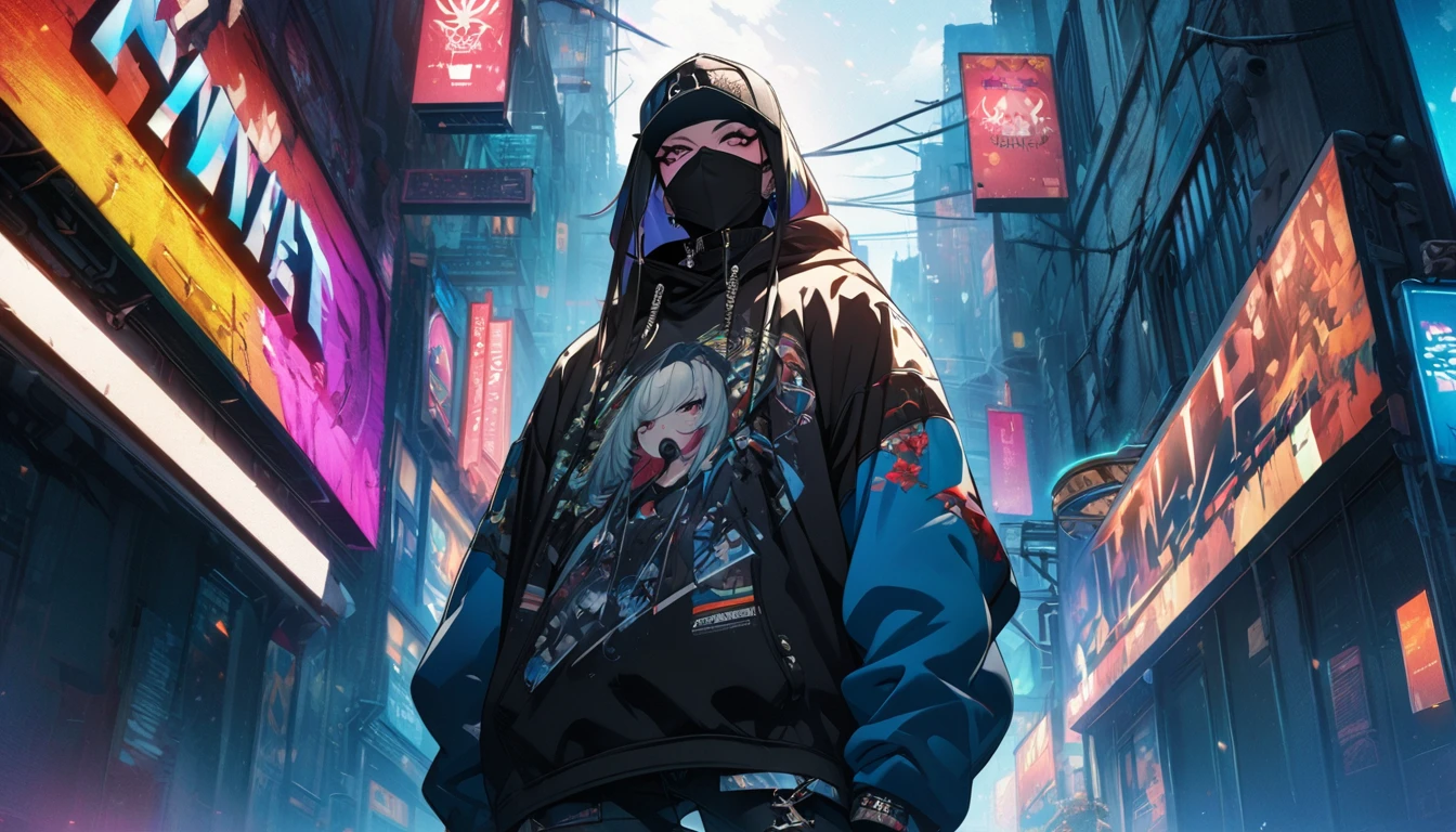 masterpiece, Highest quality, Highly detailed CG Unity 8K wallpapers, This illustration is based on a rapper and it's really cool. that'big, Sharp eyes and a knitted hat covering the face. Wear a hood over a knit hat. Wear pants. She is wearing black high-top boots.. I was holding a big, Painted walls. The background is a realistic dark slum. Spotlight Light. Bokeh Photo, (soft) concentrate):1.2, out of concentrate highlights, Dreamy atmosphere, Glowing circle, Fascinating Depth, Written boundary depth