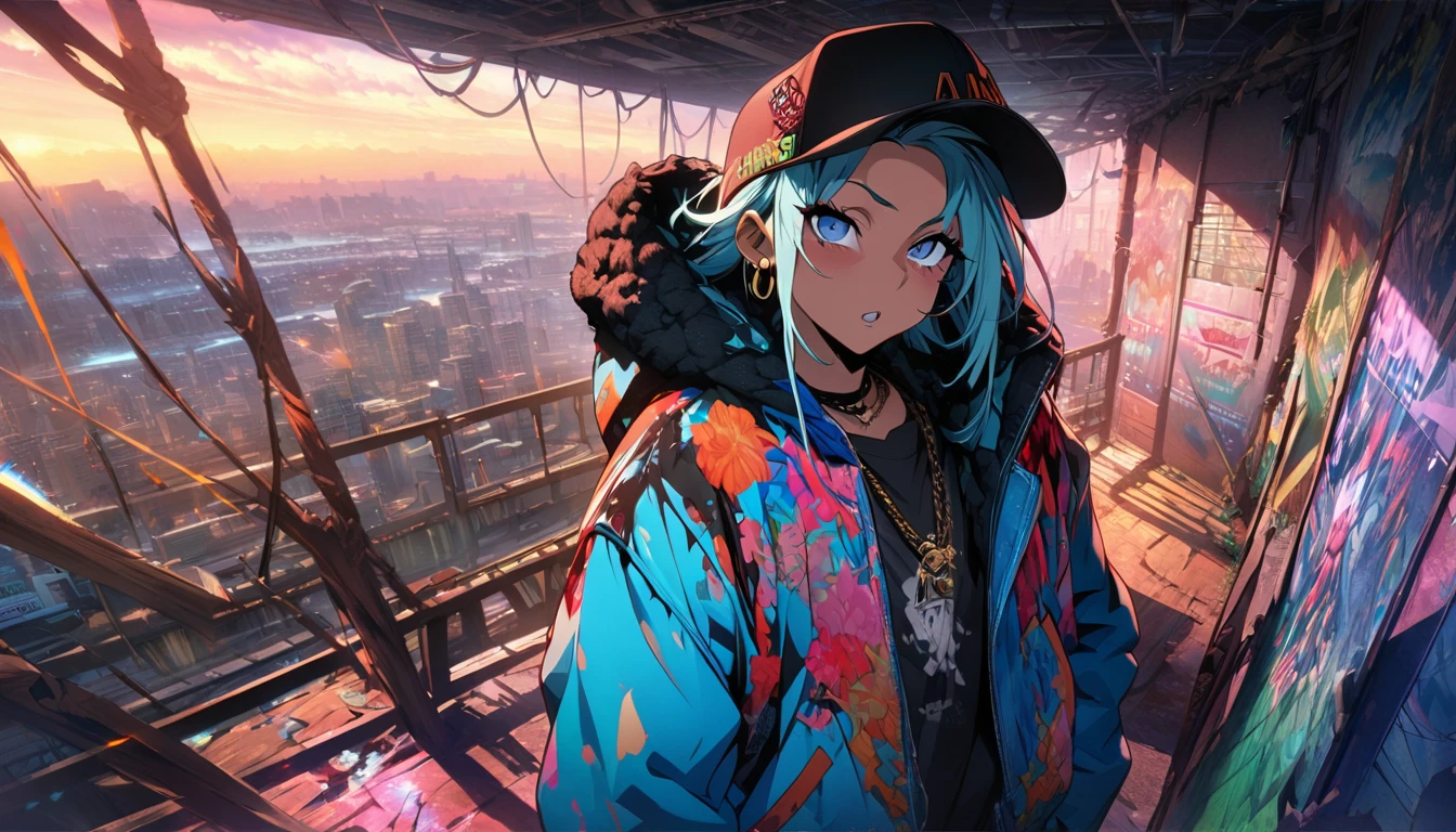masterpiece, Highest quality, Highly detailed CG Unity 8K wallpapers, This illustration is based on a rapper and it's really cool. that&#39;big, Sharp eyes and a knitted hat covering the face. Wear a hood over a knit hat. Wear pants. She is wearing black high-top boots.. I was holding a big, Painted walls. The background is a realistic dark slum. Spotlight Light. Bokeh Photo, (soft) concentrate):1.2, out of concentrate highlights, Dreamy atmosphere, Glowing circle, Fascinating Depth, Written boundary depth