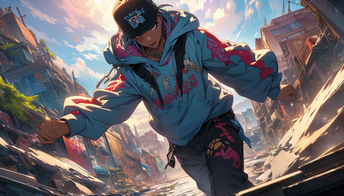 masterpiece, Highest quality, Highly detailed CG Unity 8K wallpapers, This illustration is based on a rapper and it's really cool. that'big, Sharp eyes and a knitted hat covering the face. Wear a hood over a knit hat. Wear pants. She is wearing black high-top boots.. I was holding a big, Painted walls. The background is a realistic dark slum. Spotlight Light. Bokeh Photo, (soft) concentrate):1.2, out of concentrate highlights, Dreamy atmosphere, Glowing circle, Fascinating Depth, Written boundary depth