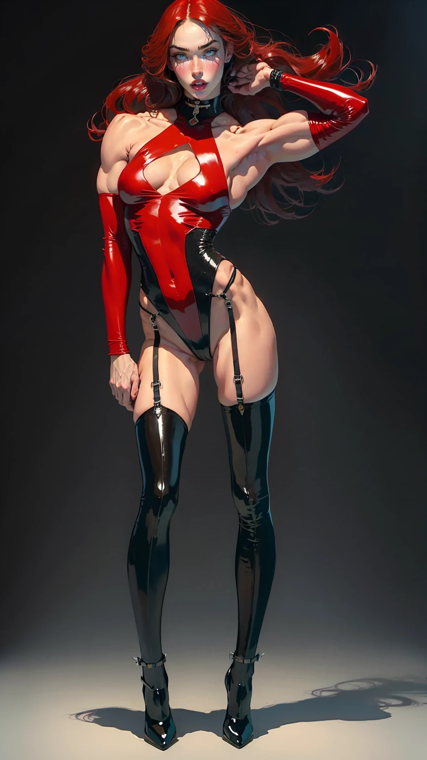 (megan fox), young vampire girl, bodybuilder physique, seductive face, seductive look, long red hair, perfect muscular body, long thin legs, (leather leotard, thigh highs & high heels), small breasts, (huge muscular shoulders:1.45), (full body shot), (blank background:1.25), MeganF_SoloTI_v1