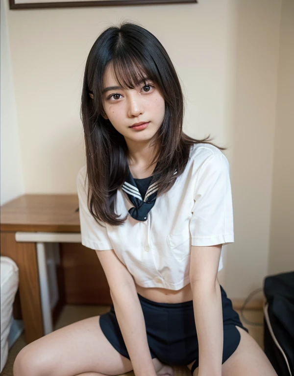 alone、Natural body shape、White skin、Natural Makeup、Black Hair、bangs、Medium Short Hair、Japanese high school uniform、(expensive  、barefoot、Thin, soft fabric full-body tights、p)、、((The upper body is wearing a uniform))、((Looking into the camera))、(((Full body photo)))、(((Exposing your thighs)))、school、On the desk、((barefoot:1.2))、innocent、、A little smile、Face without makeup、Perfect Face、Beautiful thighs thighs、((Small head:1.1))、analog film、Official Art、relax、Photo taken by lover、Selfie、Thighs are shown、The sunlight is hitting my face and body,Old Polaroid Film,150mm lens、f/1.4、Interplay of light and shadow、Artwork、Old movies、I like to publish、I like to have people look at my inner thighs、I like to take off my clothes、I want to touch my boobs？、Mouth open、Sad expression、I fell in love、I want you to touch me、１６First experience at age