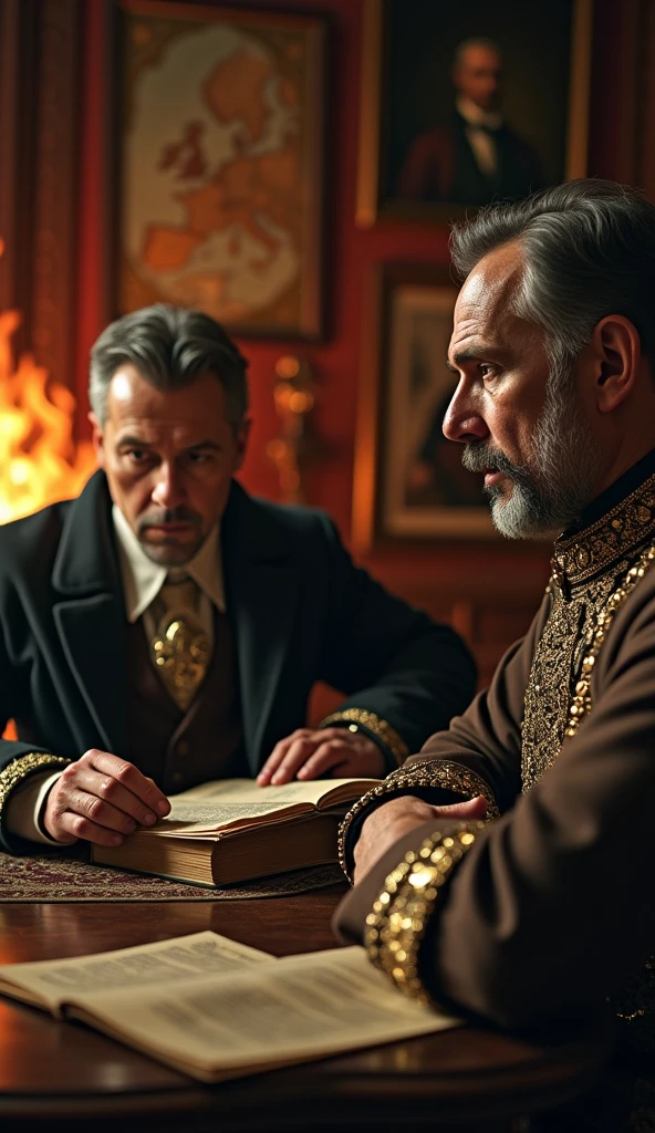 Close-up shot, Low angle shot, (A private meeting in a richly decorated study, where a powerful European nobleman, dressed in opulent clothing, listens intently to an Illuminati member. The Illuminati member, dressed in a simple yet elegant dark coat, speaks with a calm, persuasive expression, his hand resting on a stack of ancient books. The nobleman’s face is a mix of curiosity and unease. The study is filled with rich, dark wood furniture, and the walls are adorned with portraits of ancestors and maps of Europe. A roaring fire adds a flickering light to the scene, emphasizing the weight of the discussion.) unreal engine, cinematic, hyper-real, highly detailed, Ultra realistic HD --q 2 --v 6.1 --ar 9:16  