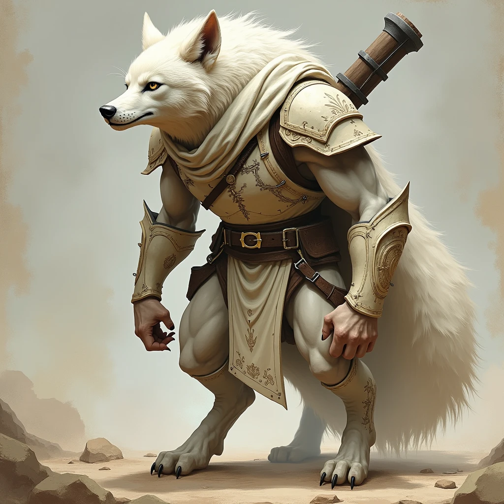 Humanoid Animal Tattoo,wolves,discreet weapon on the back,guardian,offwhite,Rustic armor
