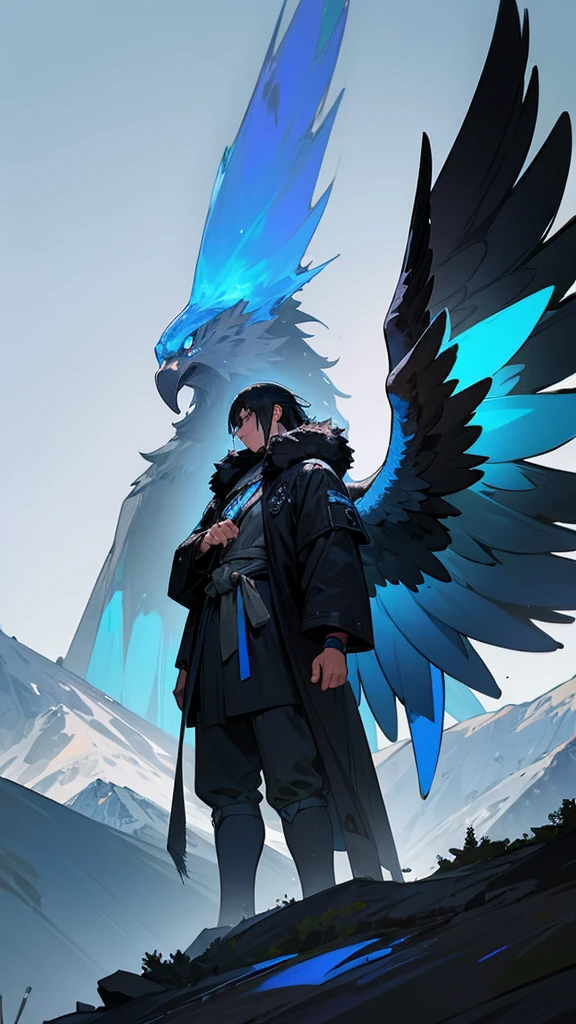 Giant eagle, has black fur with a blue aura, standing among the mountains with a human in front of him 