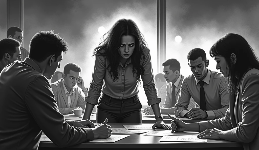 A distorted dramatic scene of a person in his exhausted work environment, looking, you can't stand working in your underemployment as a receptionist anymore, seated customers pointing at this person, the boss calling that person's attention, the whole scene in black and white, only the main person colored.