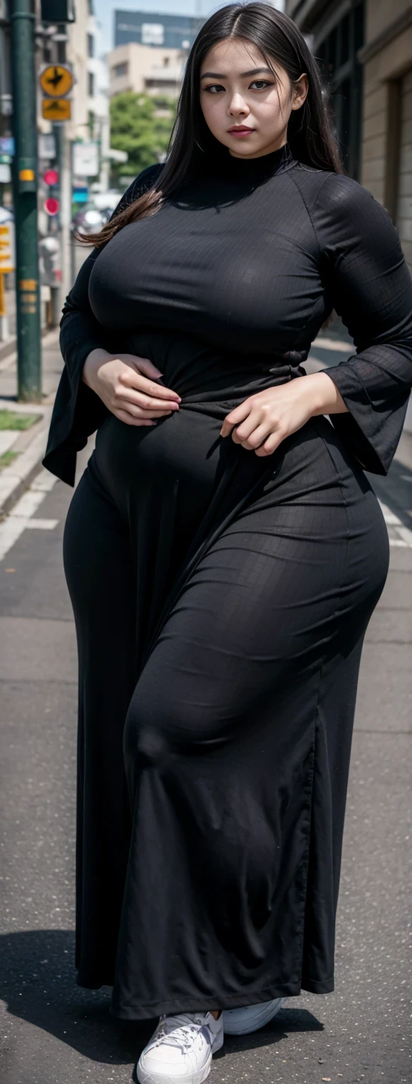 ((best quality)), ((masterpiece)), (detailed), malay woman, perfect face, araffe woman in a dark-black gamis walking down a street, thicc, she has a jiggly fat round belly, bbwchan, wearing tight simple clothes, skinny waist and thick hips, widest hips, her belly is fat and round, soft curvy shape, hyperrealistic full figure, wearing gamis , wide hips, sneakers