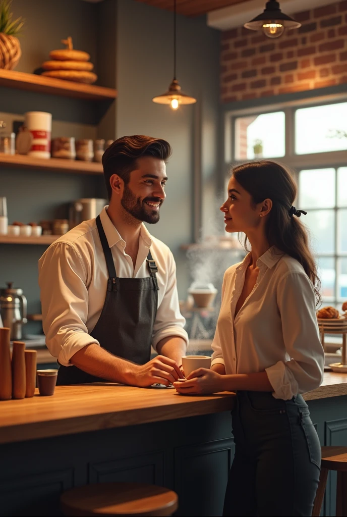 Male Barista and ladies customer
