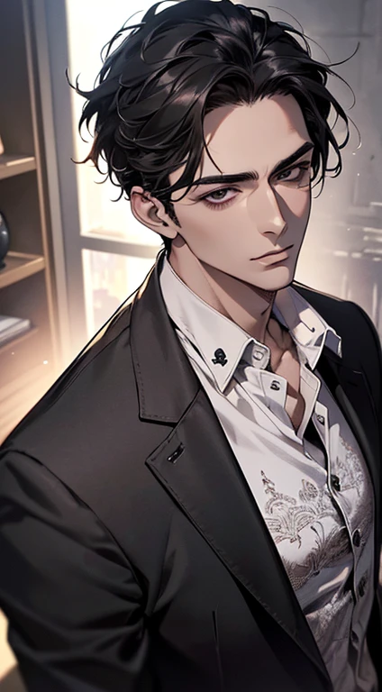 (best quality, masterpiece, 8K, photorealistic, cinematic lighting, 1:4 hdr image, top view, ultra detailed, beautiful image), a mature man, very handsome, short black hair, black eyes, perfect face without errors , ((buttoning his jacket, CEO))