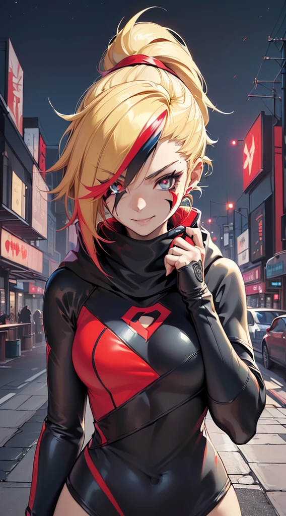 top-quality、Top image quality、masterpiece、evil girl with((18year old、Red, black and blue glowing cyber suit, falda corta, blonde hair streaked with red, black and blues hihlights, mystical,、Shining Cyber White Hoodie、Best Bust、Bust 90、Blonde Away Tail、Red Eyes、Valley、A slender、 insane smile、Red Face tattoo Paint、Black scarf、Reflecting the whole body、Slouch action))hiquality、Beautiful Art、Background with((nightcity、cyberpunked、nightclubasutepiece、Elaborate design、visualart、