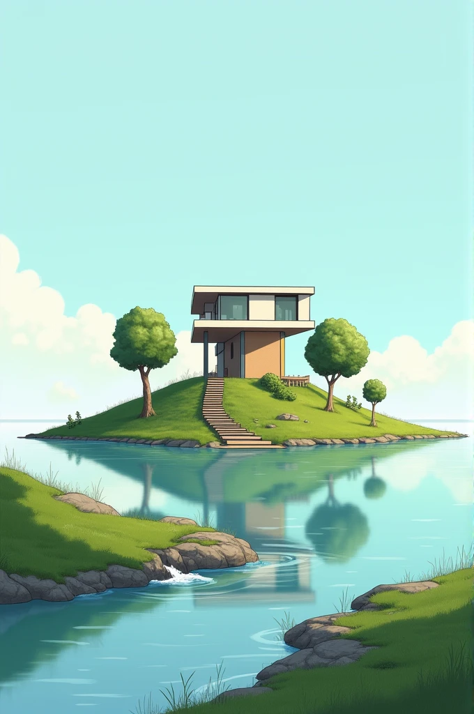 Create a realistic NFT sketch of a landscape inspired by the provided image. The design features a small modern house with a staircase leading to it, situated on an isolated island surrounded by water. The island includes lush greenery, a few trees, a small garden, and a stream flowing into the water. The atmosphere is peaceful, with clear skies and soft, natural colors.