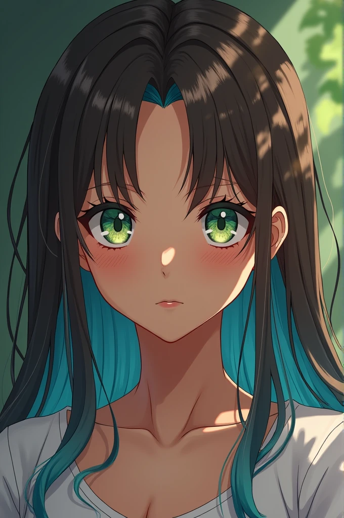 An anime girl with long hair reaching the middle of her back, chocolate-colored, with the tips dyed a bright light blue color., Her eyes were light green, almost phosphorescent, with soft yellowish touches scattered throughout the iris, and her skin was dark like fresh cinnamon., She had soft freckles on her cheeks