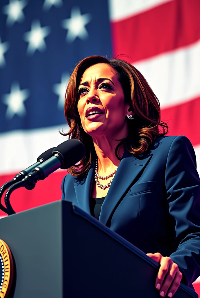 Create a pop-style image of Kamala Harris 。Speech on the stage。American flag on the side