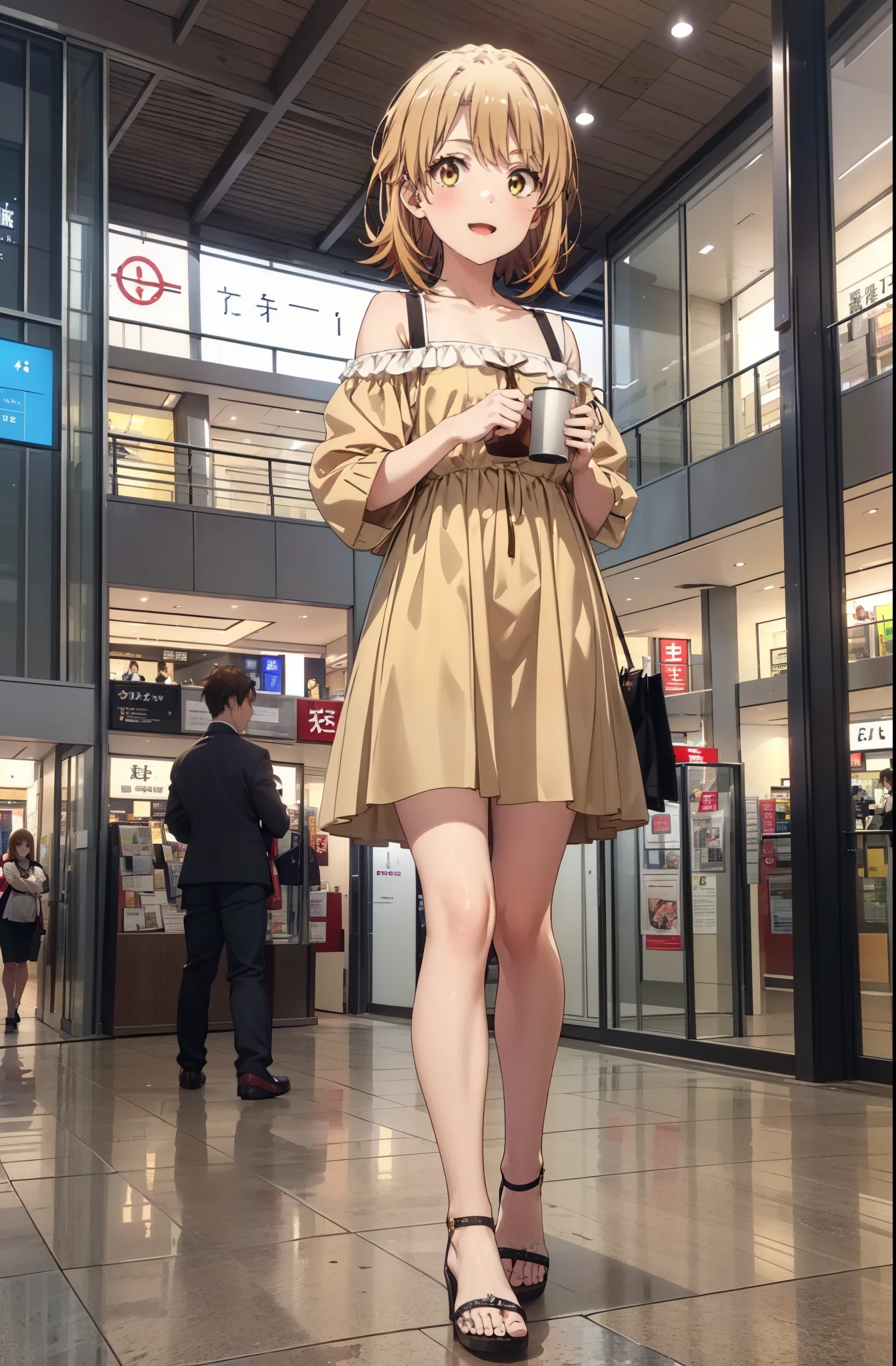 Irohaisshiki, isshiki iroha, short hair, Brown Hair, (Brown eyes:1.5), smile,Open your mouth,smile,Off-the-shoulder yellow dress,mini skirt,Cute heeled sandals,Walking,whole bodyがイラストに入るように,
break indoors,Shopping mall, 
break looking at viewer,whole body,
break (masterpiece:1.2), Highest quality, High resolution, unity 8k wallpaper, (figure:0.8), (Beautiful attention to detail:1.6), Highly detailed face, Perfect lighting, Highly detailed CG, (Perfect hands, Perfect Anatomy),