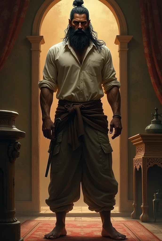 A mascular indian long man with long hairs and a hair boon with a knife wearing shirt and pant in a room.