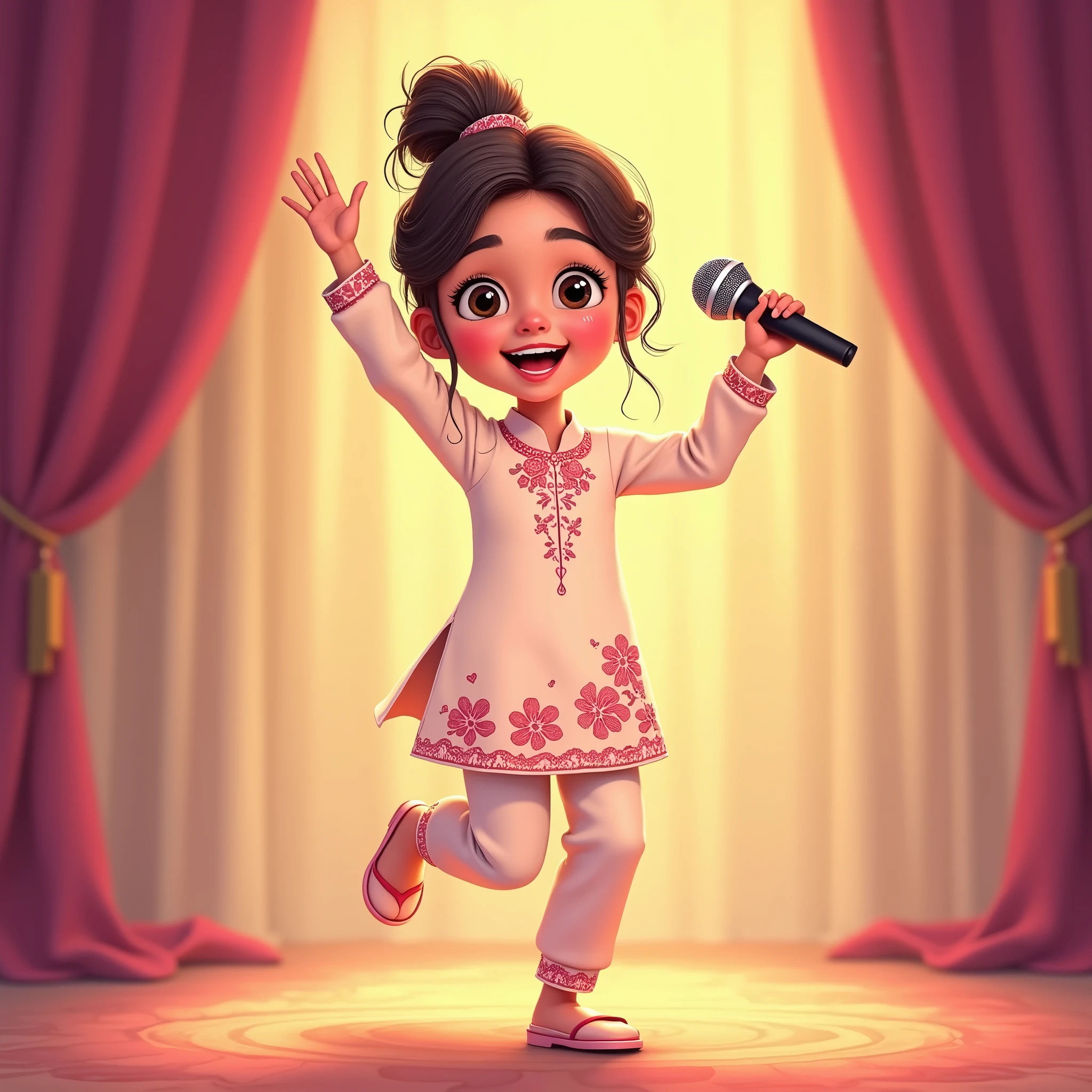 Lily, (highest quality, 4k, masterpiece:1.3), A young Pakistani Muslim girl wearing a traditional cream shalwar kameez with pink floral embroidery. Her hair is styled in a neat bun with loose strands framing her face, as seen in previous images. She is mid-hop, one hand holding the microphone, the other raised high, an excited expression on her face. The image is in a 2D animation style, with bright colors, cartoonish features, and soft, smooth shading. The background shows soft curtains, warm stage lighting, and a playful, joyful atmosphere. Clear outlines, simple textures, and an illustrated, digital painting look. (Cream shalwar kameez, pink floral embroidery, consistent outfit:1.3), (same hairstyle as before:1.3), (microphone in hand:1.3), (microphone always visible:1.3)
