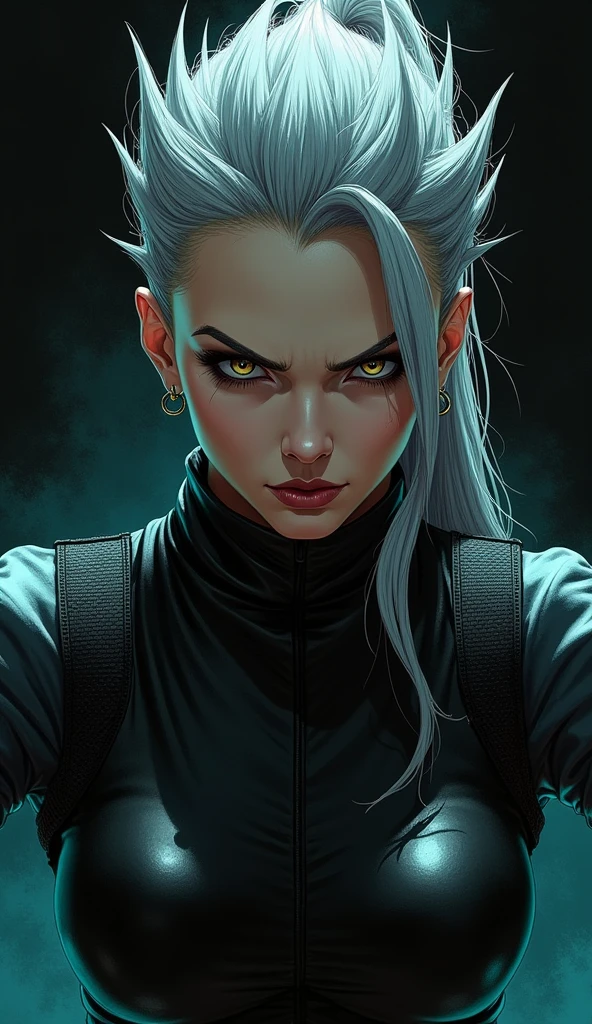 Multicolor, 1 person, night, dark, Gray Hair,(Detailed drawing of the eye), Sharp eyes, anger, Looking at the audience, Latex shiny tights, Black gloss bulletproof vest, Upper Body, , Limited color palette, Black background,Shiny Turquoise,