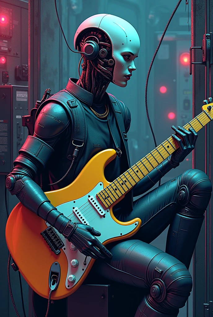 blue neon color ,Create a highly detailed cyberpunk illustration featuring a humanoid android with an exposed mechanical playing stratocaster structure. The android, appearing to be in a state of disconnection or maintenance, is situated in a neon color, industrial setting. The environment is filled with cables, control panels, and other technological elements that contribute to the overall gritty atmosphere. neon colorThe android’s face, partially human-like but with visible mechanical features, is looking upwards with a serene expression, as if in contemplation. The lighting is dim, with subtle glows from the machinery, highlighting the intricate details of the android’s design. The overall mood should evoke a sense of solitude and the merging of humanity with technology 