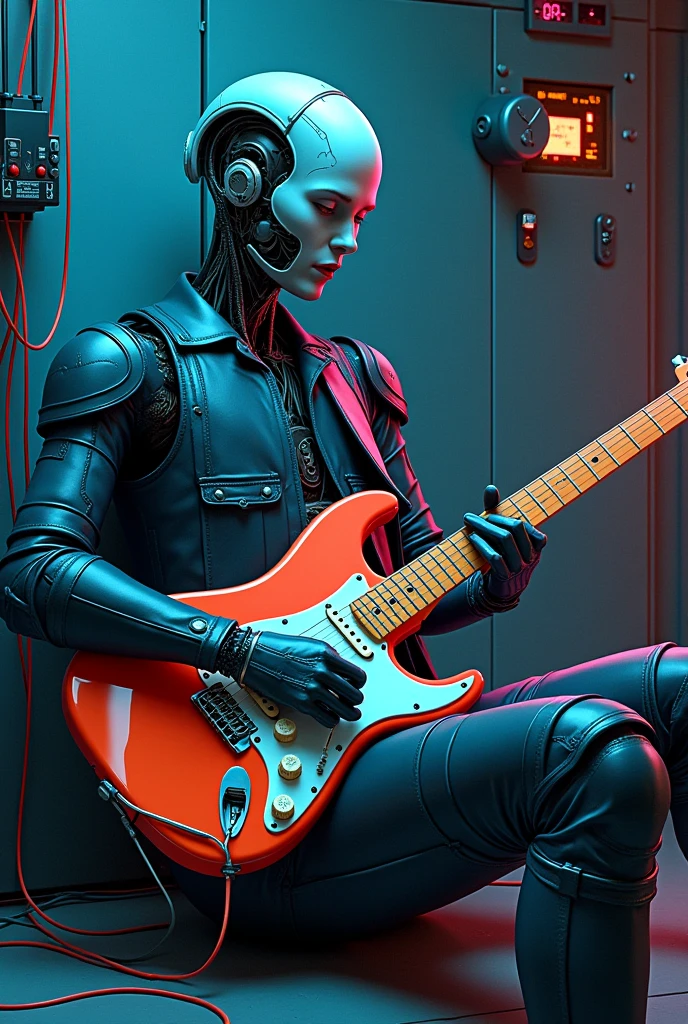 blue neon color ,Create a highly detailed cyberpunk illustration featuring a humanoid android with an exposed mechanical playing stratocaster structure. The android, appearing to be in a state of disconnection or maintenance, is situated in a neon color, industrial setting. The environment is filled with cables, control panels, and other technological elements that contribute to the overall gritty atmosphere. neon colorThe android’s face, partially human-like but with visible mechanical features, is looking upwards with a serene expression, as if in contemplation. The lighting is dim, with subtle glows from the machinery, highlighting the intricate details of the android’s design. The overall mood should evoke a sense of solitude and the merging of humanity with technology