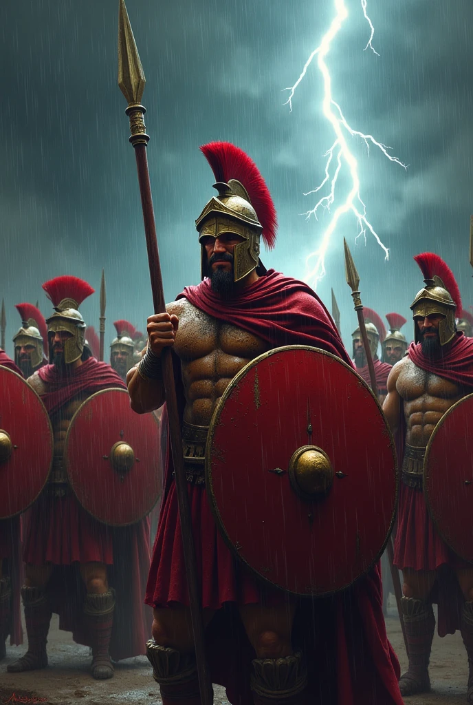 Spartans with red costume prepared for battle back ground rain and thunder storm lightningstrike