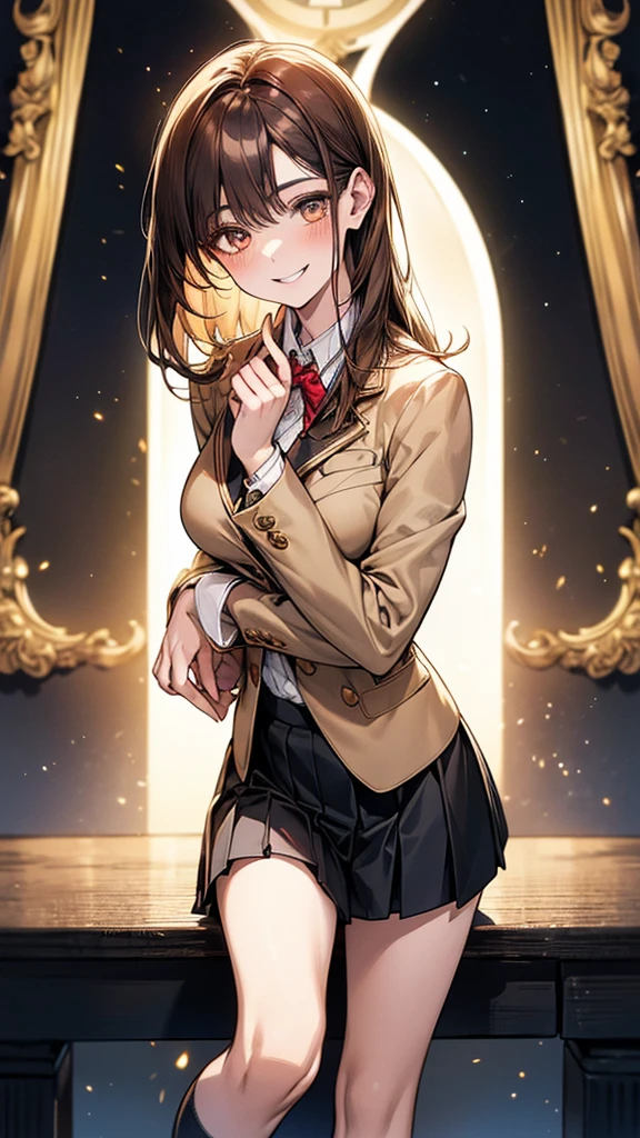 4K resolution,((Highest quality)),Ultra-high resolution,young woman, alone, sexy, (Mischievous smile), (Pale golden eyes), Beautiful and symmetrical face, (Brown medium hair),Blazer uniform,Dress shirt,Pleated mini skirt,Knee-high socks,Realistic:1.4,Realistic:1.4,(masterpiece:1.2),Perfect Eyes,Perfect Eyes,Ample breasts,Perfect Legs,put your mouth on your hand,Open your legs a little,classroom
