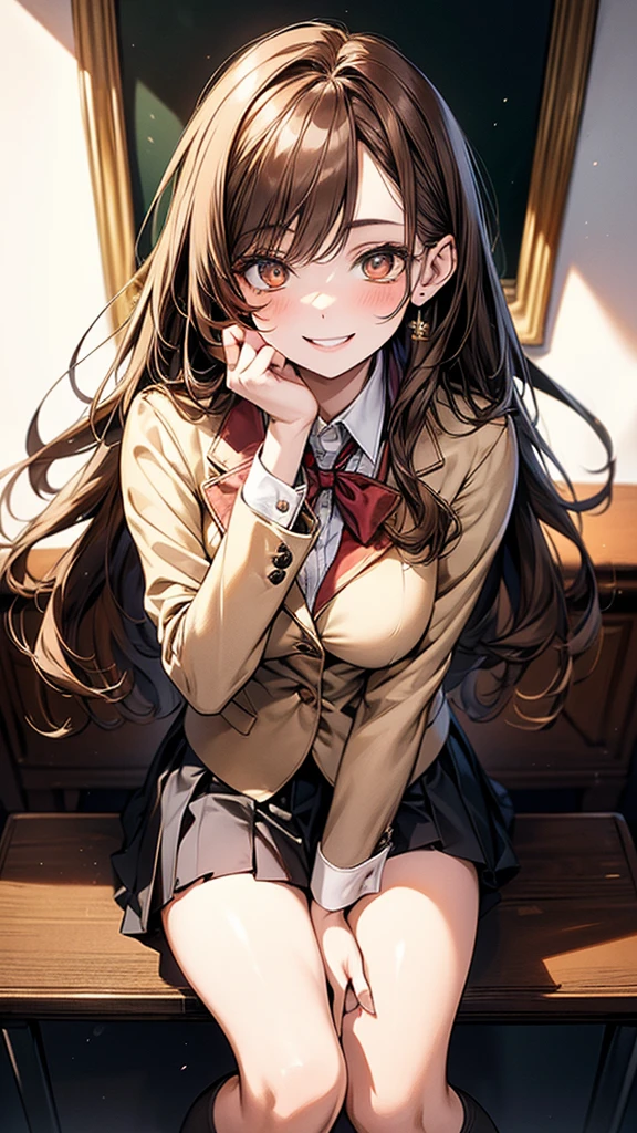 4K resolution,((Highest quality)),Ultra-high resolution,young woman, alone, sexy, (Mischievous smile), (Pale golden eyes), Beautiful and symmetrical face, (Brown medium hair),Blazer uniform,Dress shirt,Pleated mini skirt,Knee-high socks,Realistic:1.4,Realistic:1.4,(masterpiece:1.2),Perfect Eyes,Perfect Eyes,Ample breasts,Perfect Legs,put your mouth on your hand,Open your legs a little,classroom