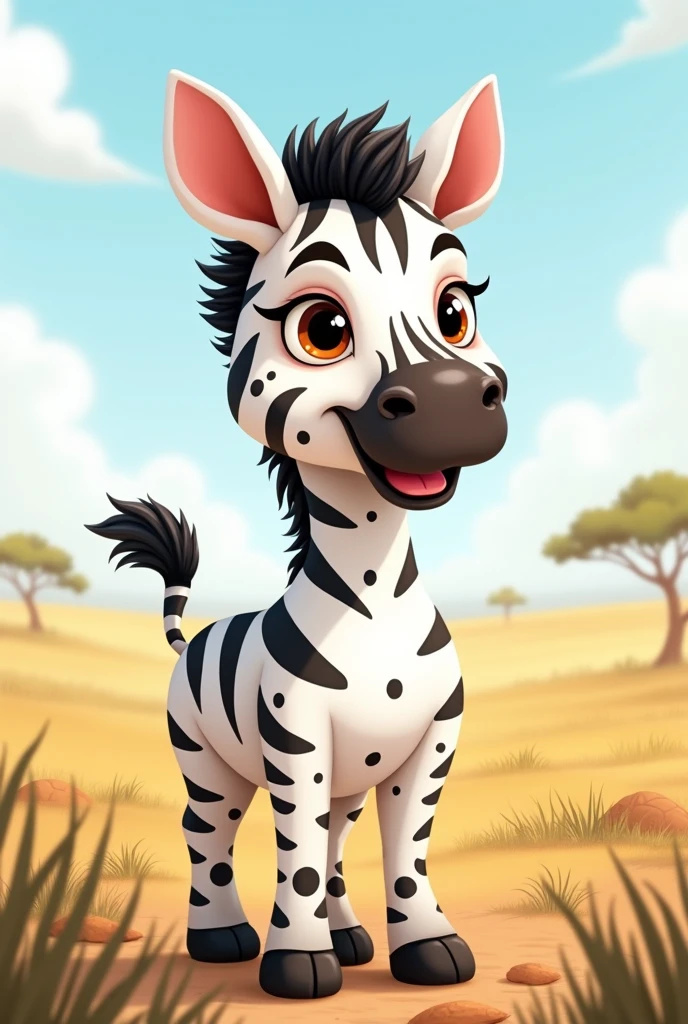 Create an illustration of a zebra named Zenia. She should have a white body with black dots scattered throughout her fur., instead of the traditional stripes. Zenia must have a friendly and cheerful expression, with big, bright eyes that convey confidence and happiness. She is in a savannah environment, with vegetation in the background and a clear sky. Make sure the image conveys a sense of inclusion and celebration of individuality..