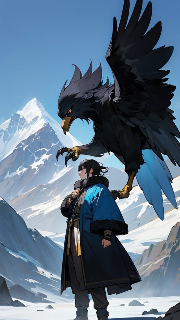 Giant eagle, has black fur with a blue aura, standing among the mountains.