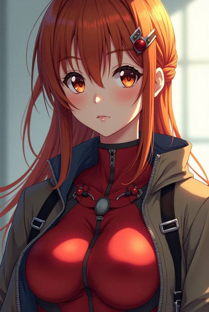 (8k, best quality, masterpiece:1.2), ultra-detailed, Masterpiece, realistic lighting,masterpiece, best quality, masterpiece, official art,extremely detailed CG unity 8k wallpaper,beautiful detailed eyes, light on face, 1girl, Asuka,Upper body, breasts, pilot_suit, plugsuit, red_jacket, windbreaker, gloves, bandage, hair_ornament, bracer,