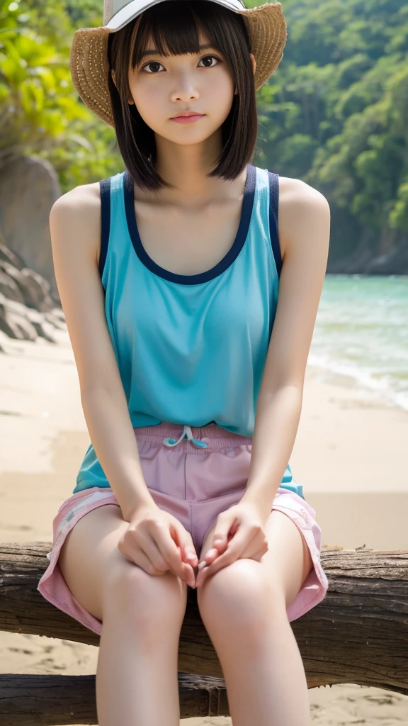  female high school student、japanese girl、tanktop and shorts、hunting cap、have a wooden stick with hands、short hair、high detail、High level image quality、look at viewer、sit on log、 in beach、open legs wide、