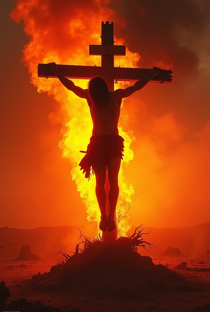 horror,man crucified on a blazing fire in the barren desert ,red hot atmosphere,there was a fire burning behind him.