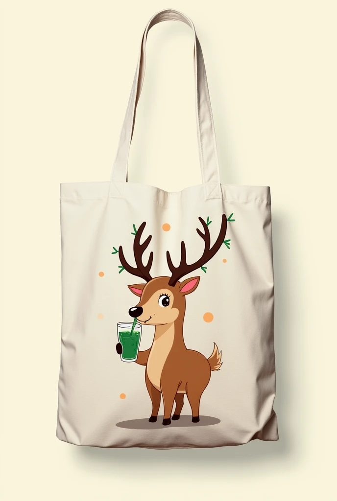On the Tote bag, there is a reindeer holding a glass of Phuc Long water to drink