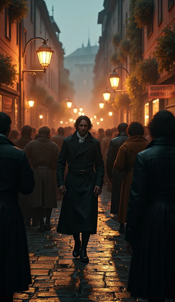 Close-up shot, Low angle shot, (A chaotic street scene in a European city, with townspeople murmuring and looking over their shoulders in fear. Posters on the walls warn of the "invisible hand" of the Illuminati, with ominous symbols and warnings in bold letters. The crowd, dressed in 18th-century garb, is a mix of fear and suspicion, their faces lit by the eerie glow of lanterns. The cobblestone street is wet from a recent rain, reflecting the light and adding to the ominous atmosphere.) unreal engine, cinematic, hyper-real, highly detailed, Ultra realistic HD --q 2 --v 6.1 --ar 9:16