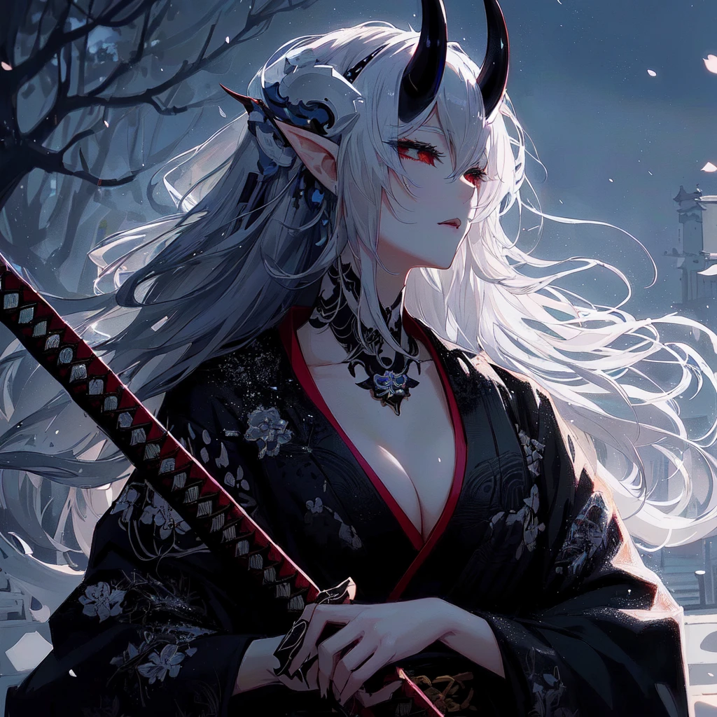 a woman with horns and a demon face sitting on a bench, medium size boobs. onmyoji detailed art, beautiful god of death, white haired deity, onmyoji, onmyoji portrait, demon anime girl, trending on artstation pixiv, beautiful elegant demon queen, rossdraws sakimimichan, handsome Japanese demon girl, anime fantasy illustration, :: rossdraws