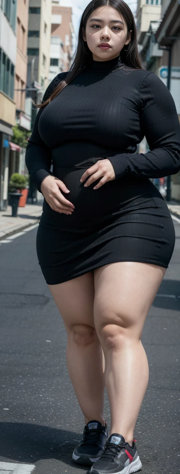 ((best quality)), ((masterpiece)), (detailed), malay woman, perfect face, araffe woman in a dark-black gamis walking down a street, thicc, she has a jiggly fat round belly, bbwchan, wearing tight simple clothes, skinny waist and thick hips, widest hips, her belly is fat and round, soft curvy shape, hyperrealistic full figure, wearing gamis , wide hips, sneakers