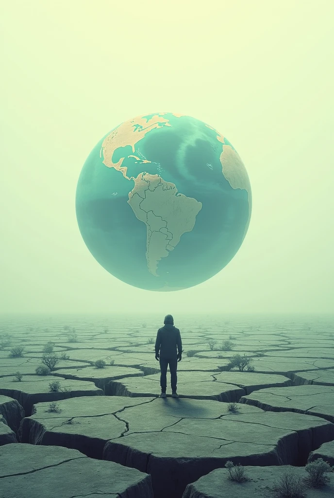 Make me a picture of the earth with a simple drawing of a future where humanity finished off the water (H²O)